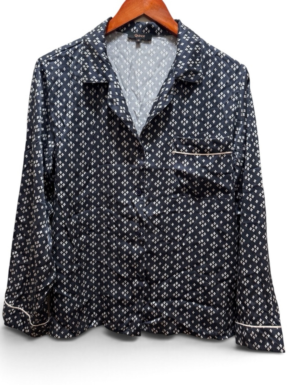 Quince 100% Washable Silk Satin Pajama Top Navy M